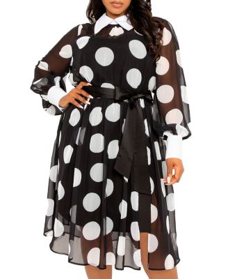 Plus Size Contrast Collar Polka Dot Shirt Dress