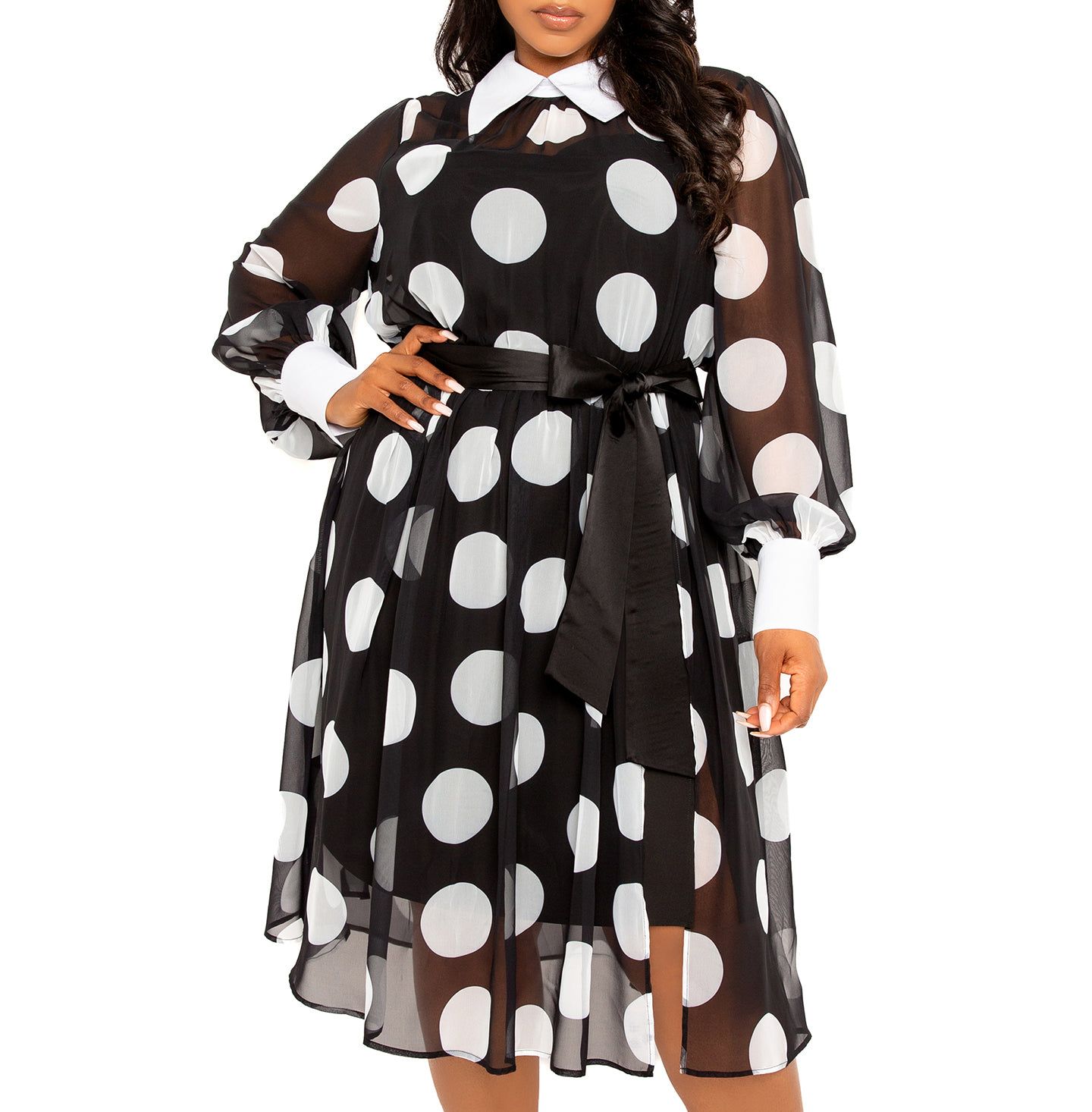 Женское платье Buxom Couture Plus Size Contrast Collar Polka Dot Shirt Dress, цвет: Чёрный — фото 2