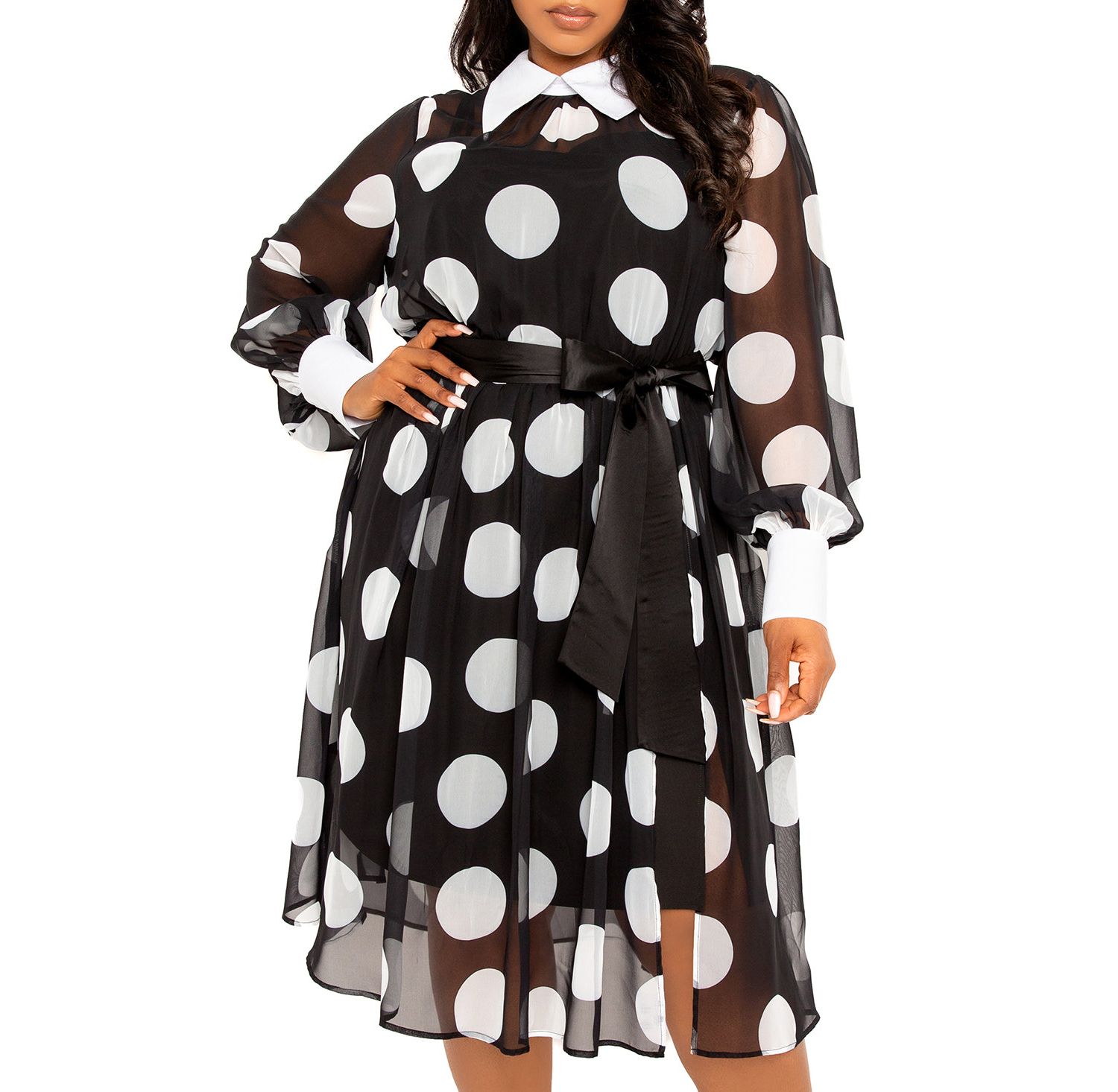 Plus Size Contrast Collar Polka Dot Shirt Dress