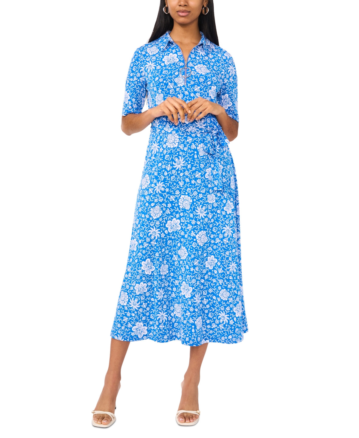 Msk Women's Floral-print Belted Zippered Midi Dress