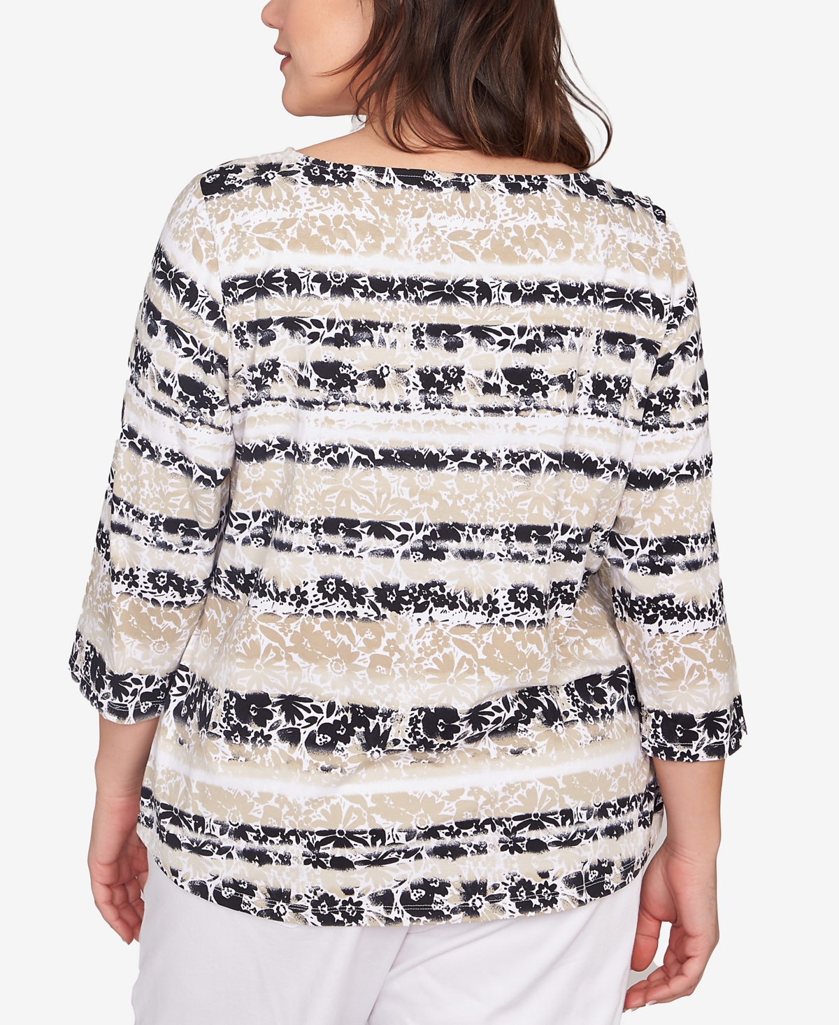 Ruby Rd. Plus Size Watercolor Floral Stripe Top In Chino Multi