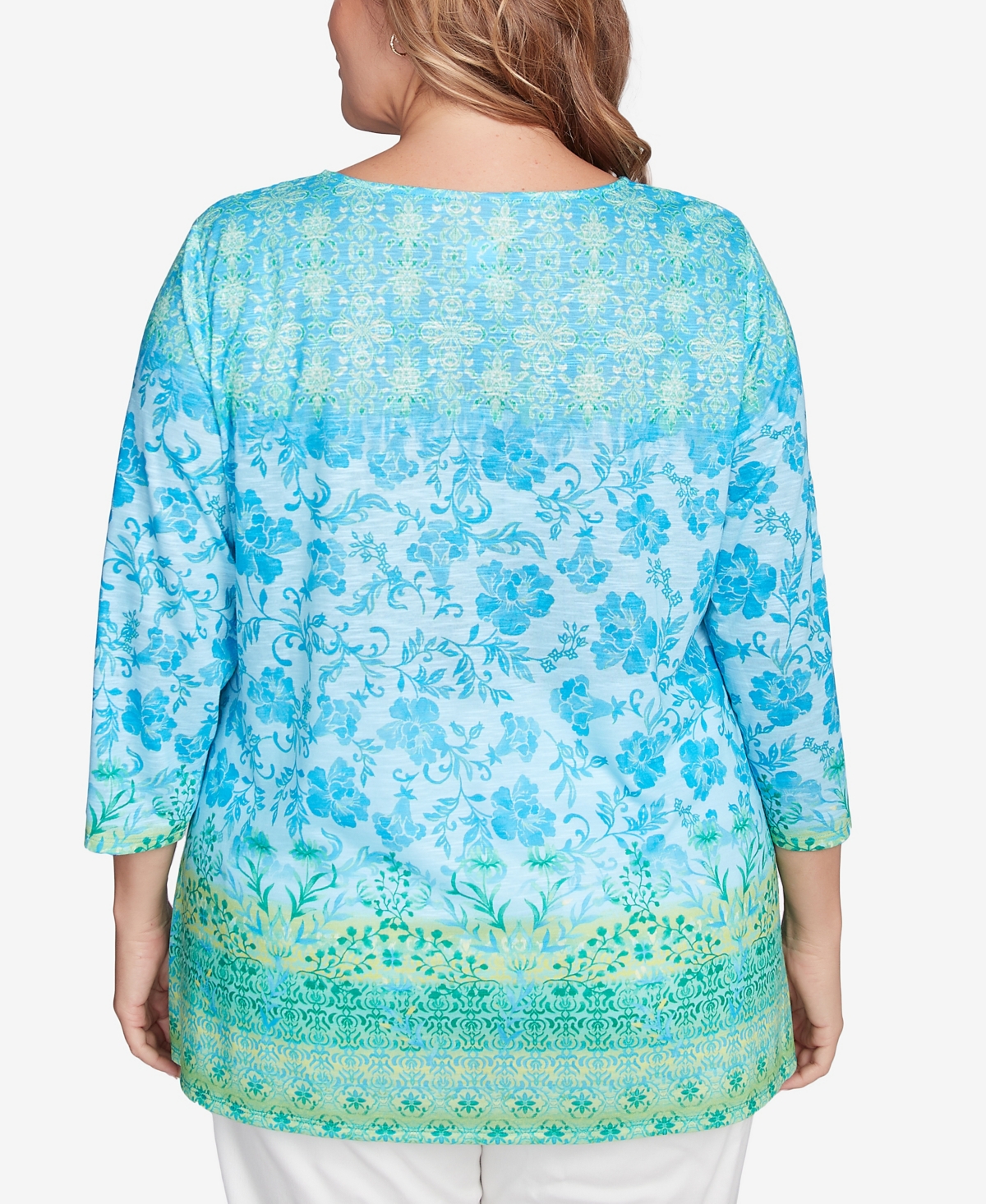 RUBY RD. PLUS SIZE FLORAL OMBRE BORDER SUBLIMATION KNIT TOP 