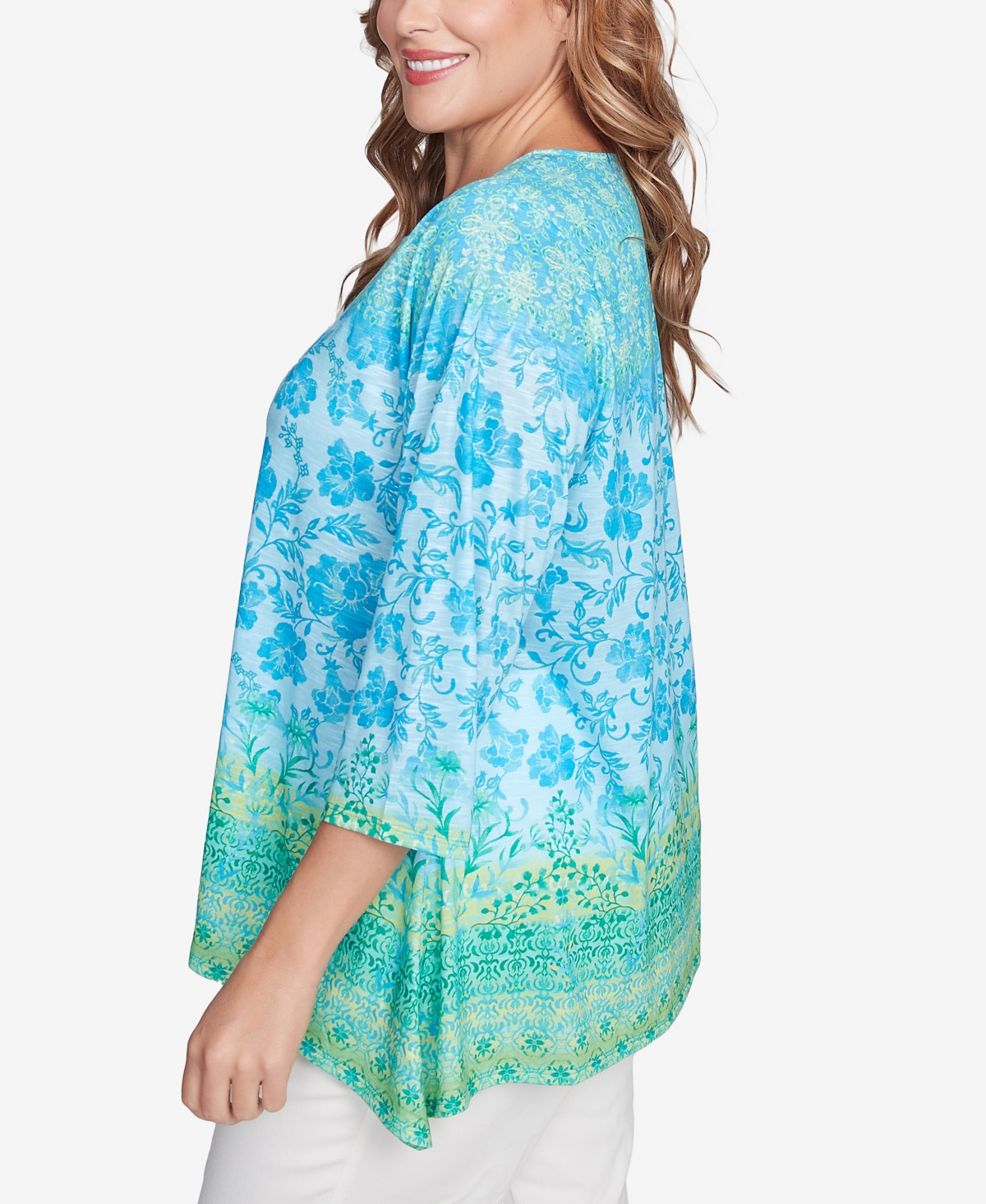 RUBY RD. PLUS SIZE FLORAL OMBRE BORDER SUBLIMATION KNIT TOP 