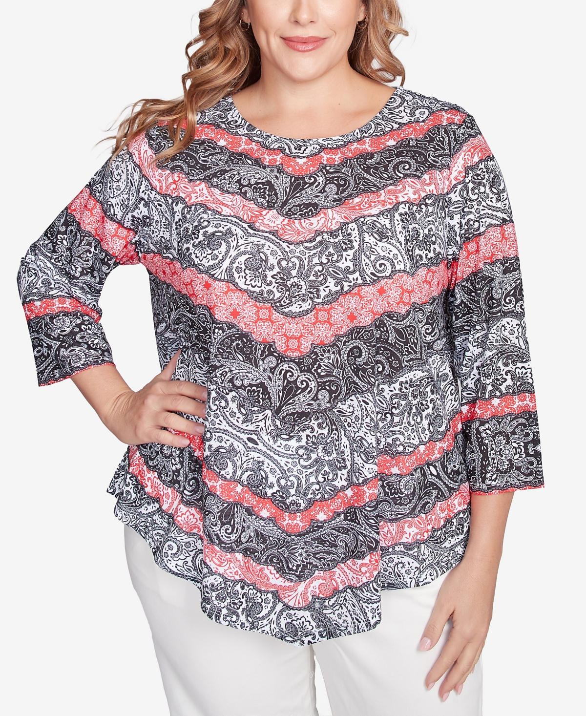 Plus Size Lace Chevron Sublimation Jersey Scoop Neck Top - Black Multi