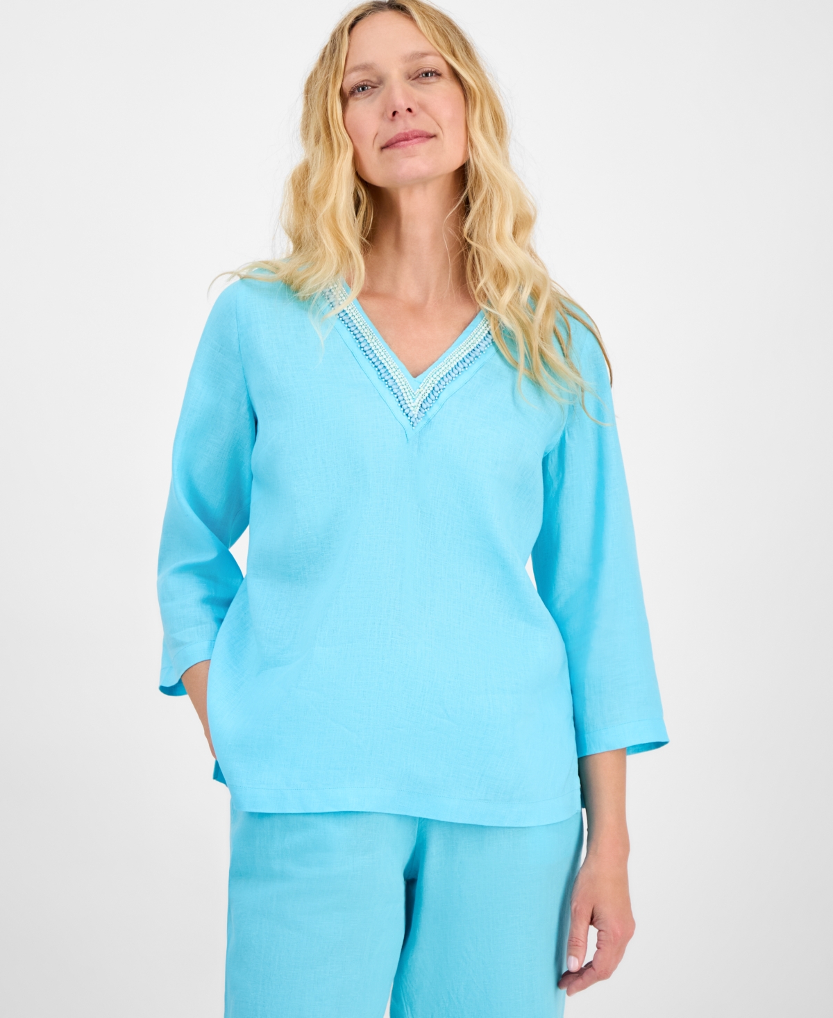 CHARTER CLUB PETITE EMBELLISHED V-NECK 3/4-SLEEVE LINEN TOP, EXCLUSIVELY AT MACY'S 