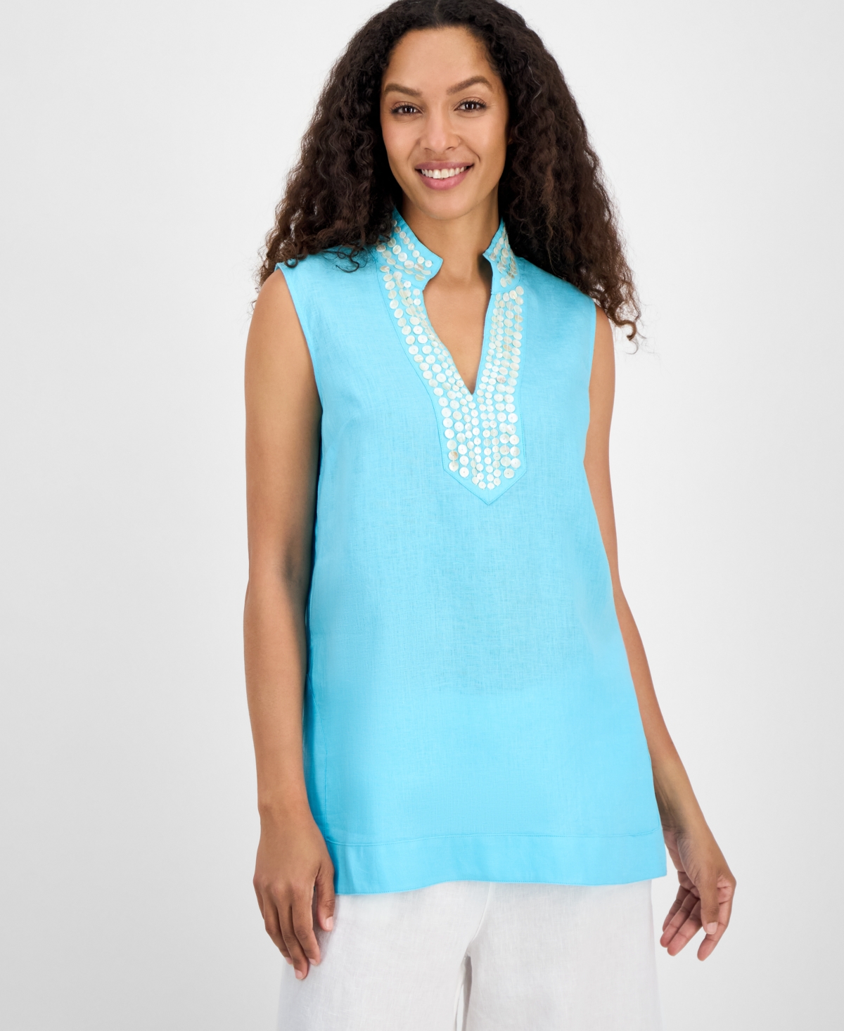 CHARTER CLUB WOMEN'S EMBELLISHED 100% LINEN TUNIC, EXCLUSIVELY AT MACY'S 