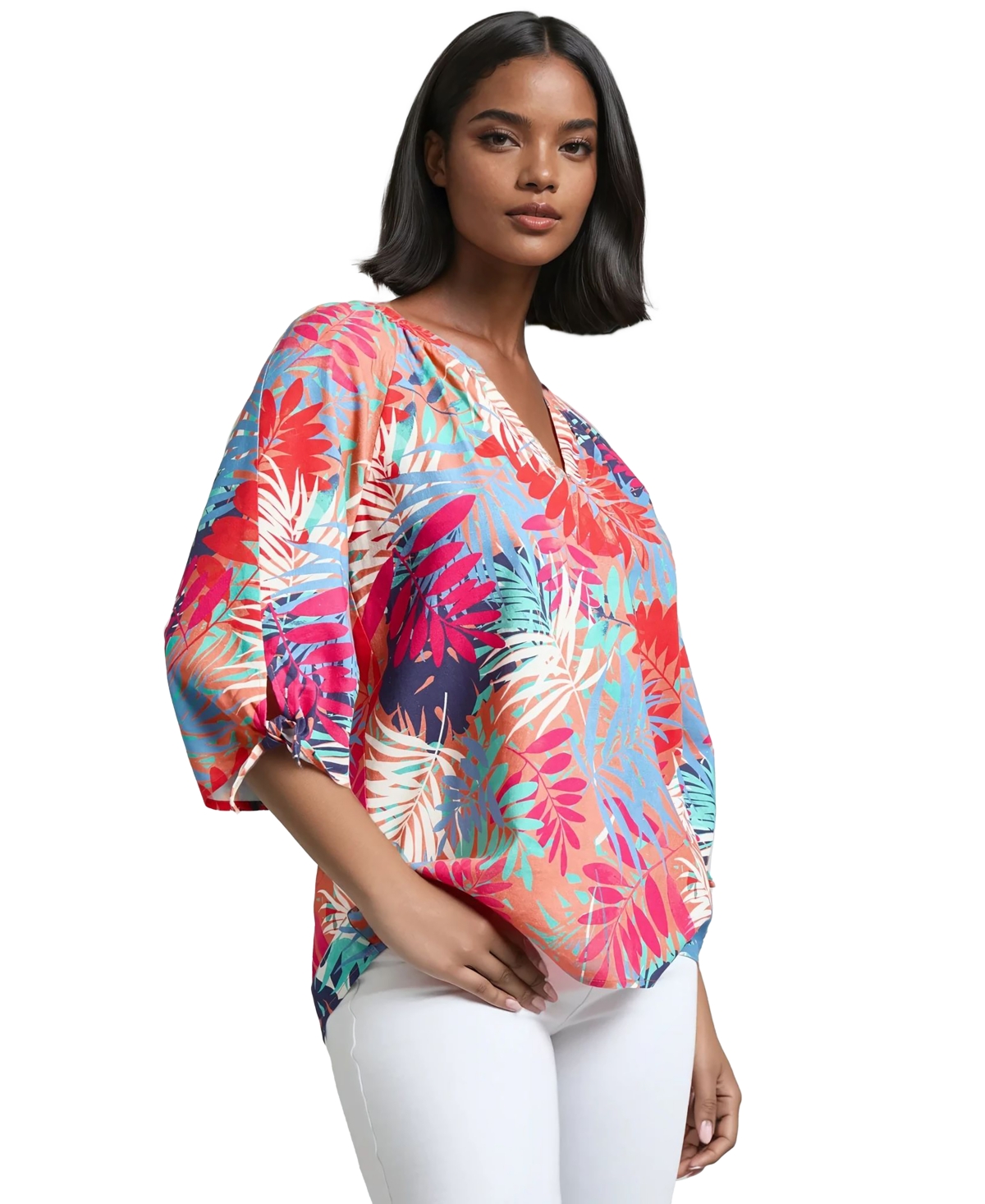 Jones New York Leaf Print Linen Blend Popover Top In Multi