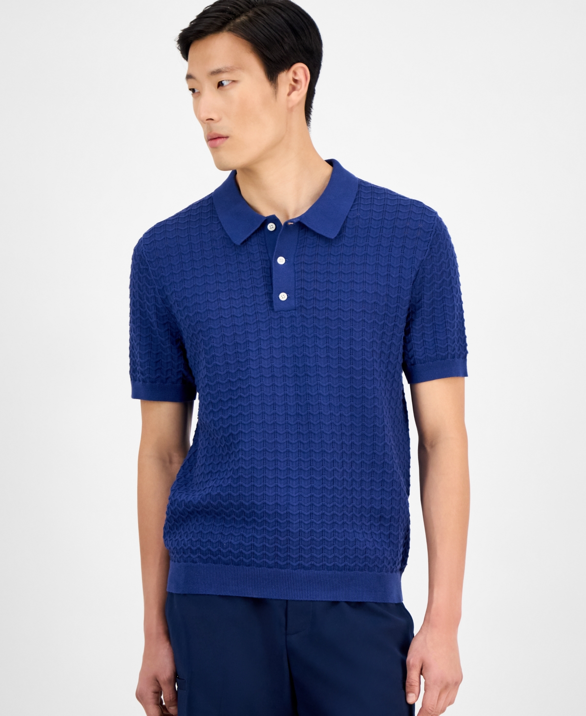 Men's Textured Sweater Polo Shirt, Exclusively at Macy's - Downpour Blue