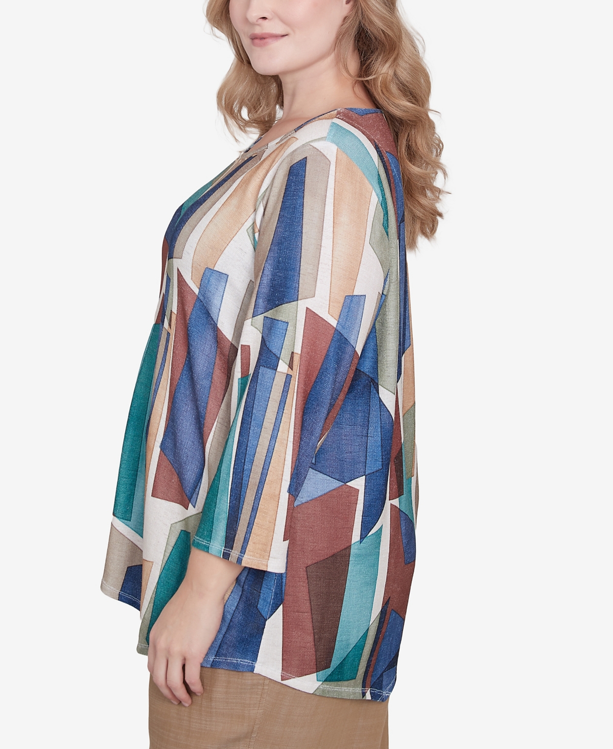 Alfred Dunner Plus Size Summer Solstice Abstract Stained Glass Crew Neck Top In Navy Multi