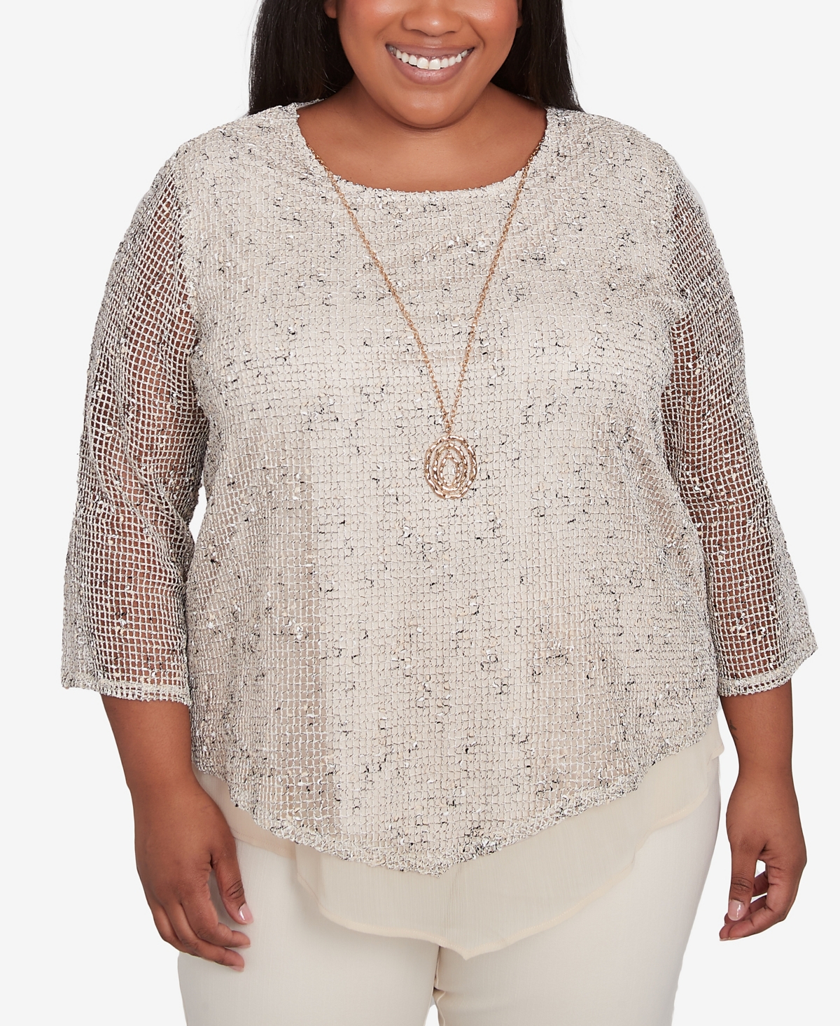 Plus Size Natural Instinct Popcorn Mesh Speckled Top with Necklace - Tan