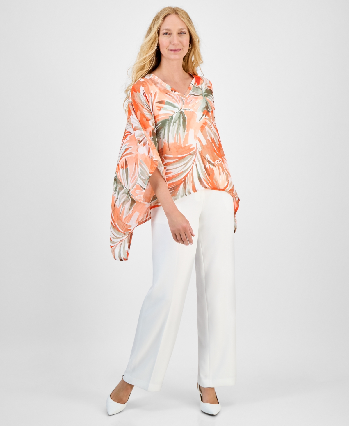 Kasper Women's V-neck Printed Chiffon Poncho In Orange