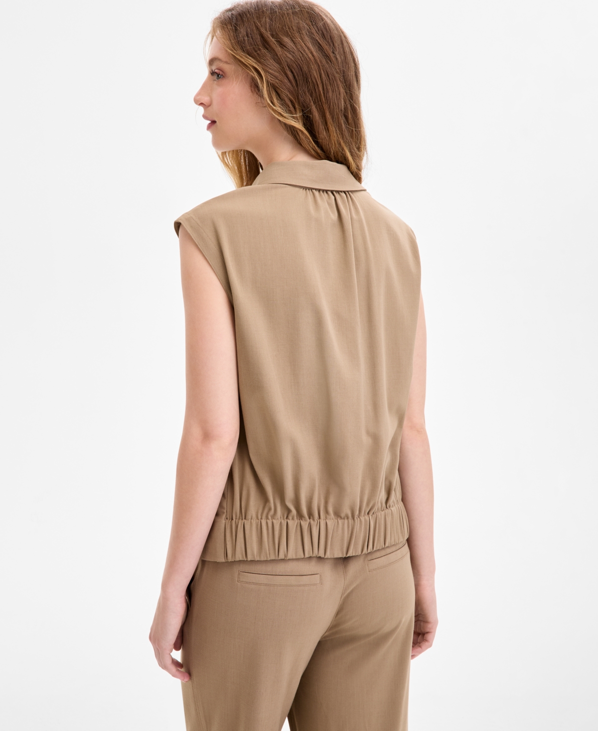 Liverpool Los Angeles Womens Sleeveless Collared Elastic Back Top Pull On Wide Leg Crop Pants In Brown