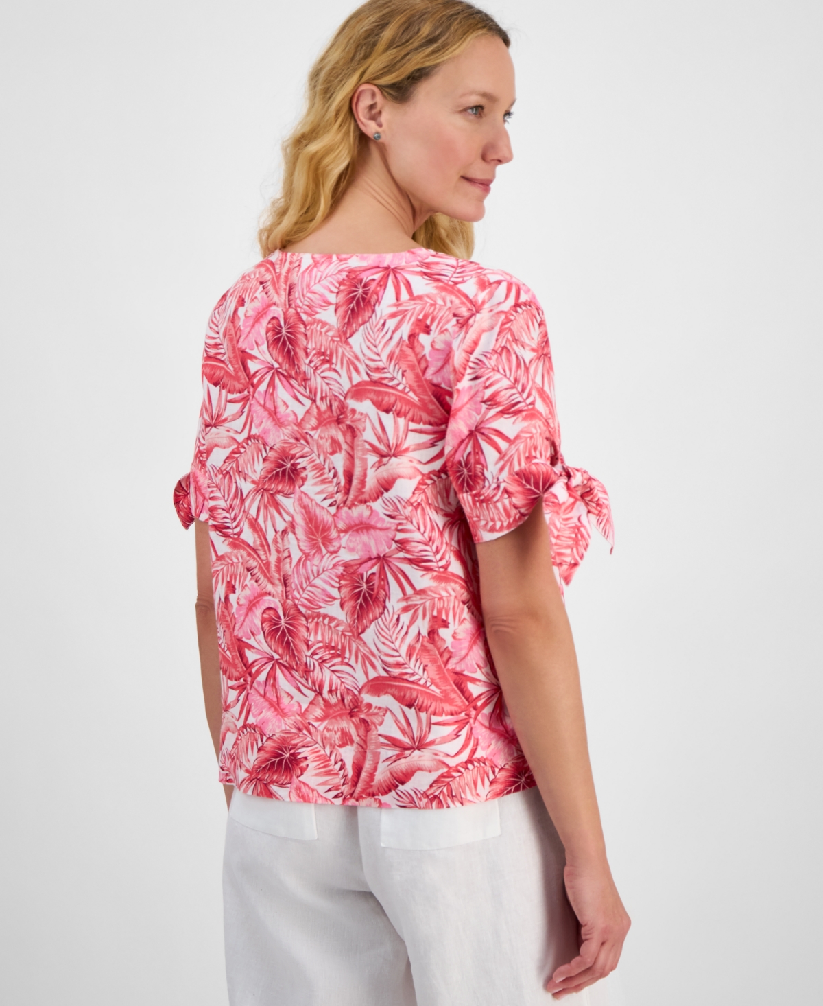 CHARTER CLUB WOMEN'S PALM-PRINT 100% LINEN TIE-SLEEVE TOP, EXCLUSIVELY AT MACY'S 