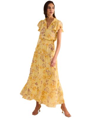 1.STATE - Women's Tiered Floral-Print Flutter-Sleeve Maxi Dress