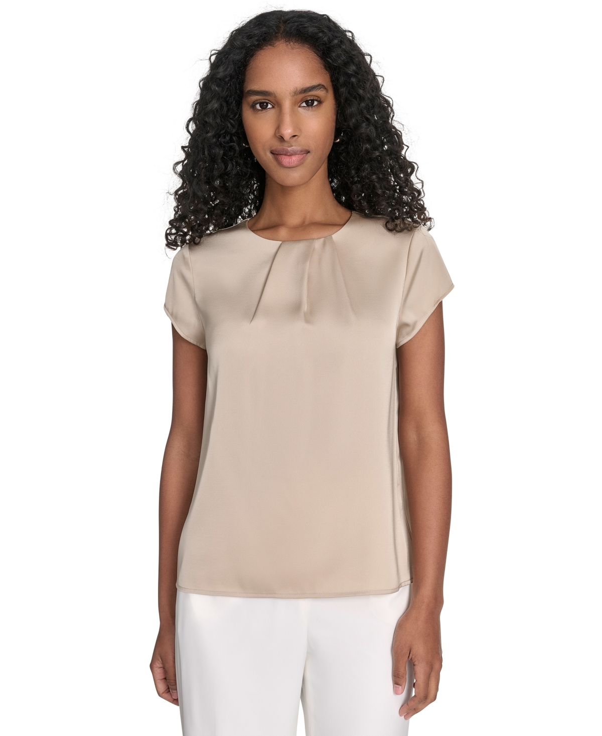Women's Cap Sleeve Satin Pleat-Neck Blouse - Khaki