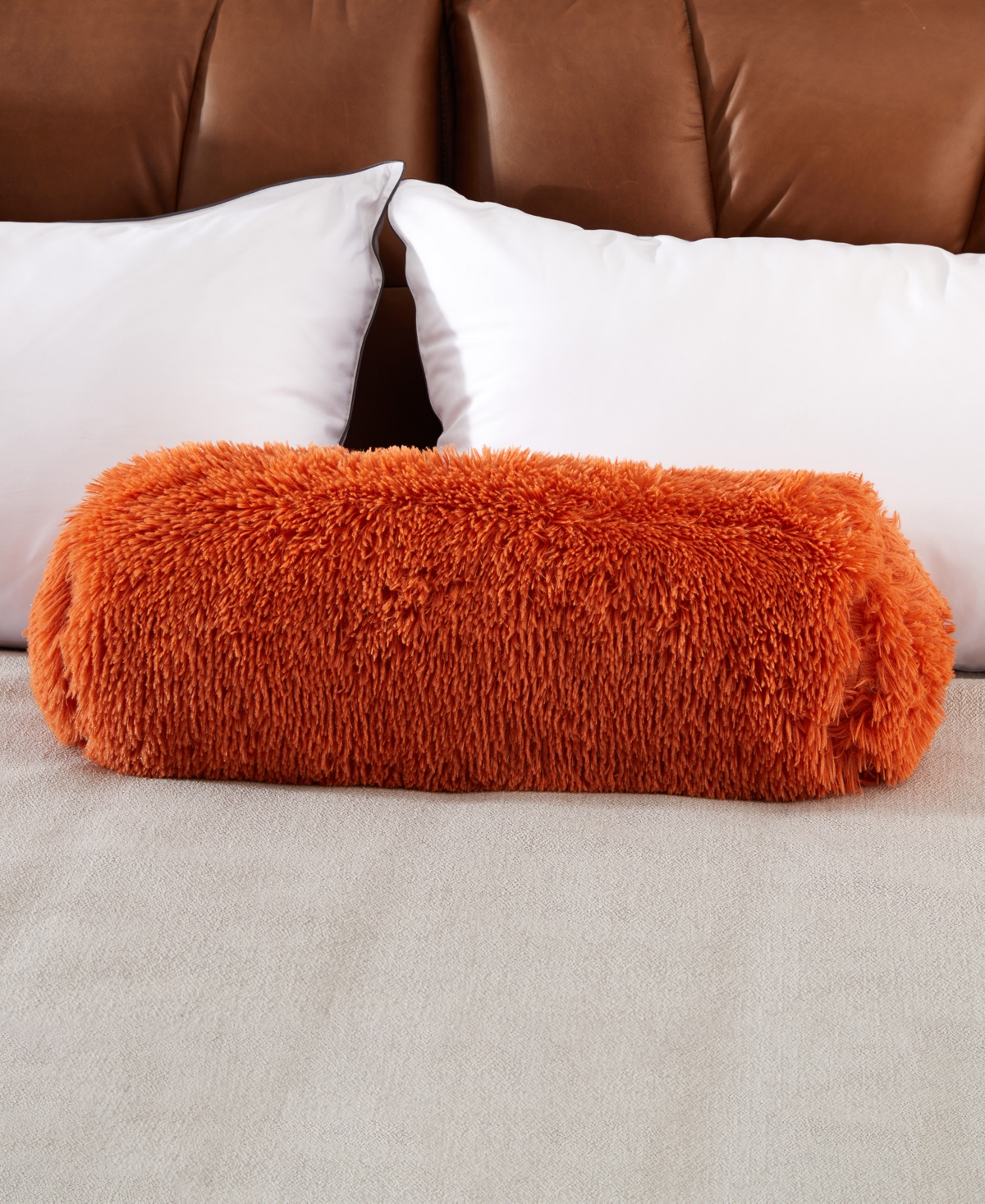 Cheer Collection Shaggy Bolster Decorative Pillow Set, 8" X 24" In Orange
