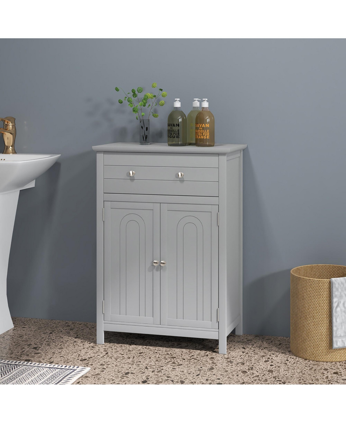 Gymax Bathroom Floor Cabinet Wooden Storage Organizer with Drawer & Doors Blcak