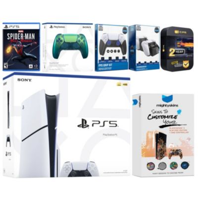 Playstation 5 Slim Disc with Spider-Man: Miles Morales, Extra Cosmic Red Controller, FPS Grip Kit, Charge Dock and MightySkins Decal Voucher + 2