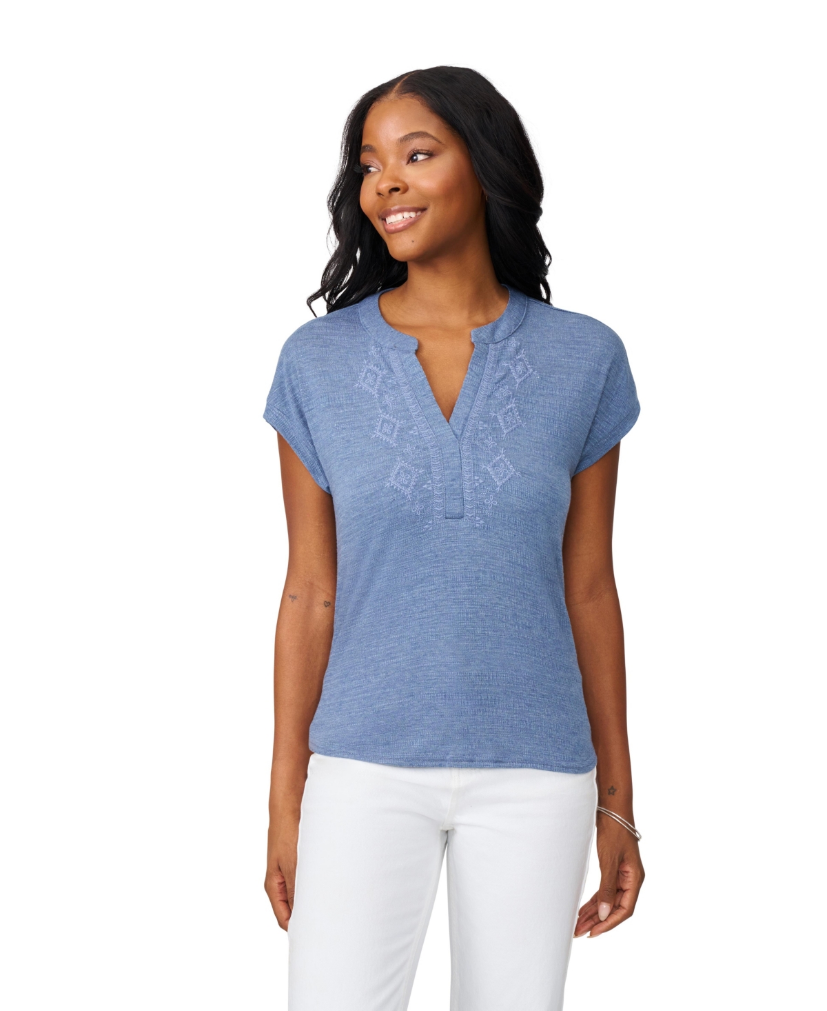Women's Embroidered Crinkle Henley Top - Dry oregano