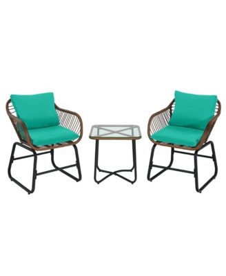 3PCS Patio Rattan Bistro Set Cushioned Chair Glass Table Deck