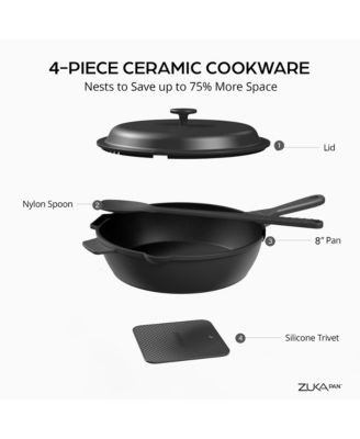 Zuka Ceramic 1.25 Qt. Ceramic 10 in 1 Nonstick Multi-Functional Saute Pan with Lid, Nylon Spoon