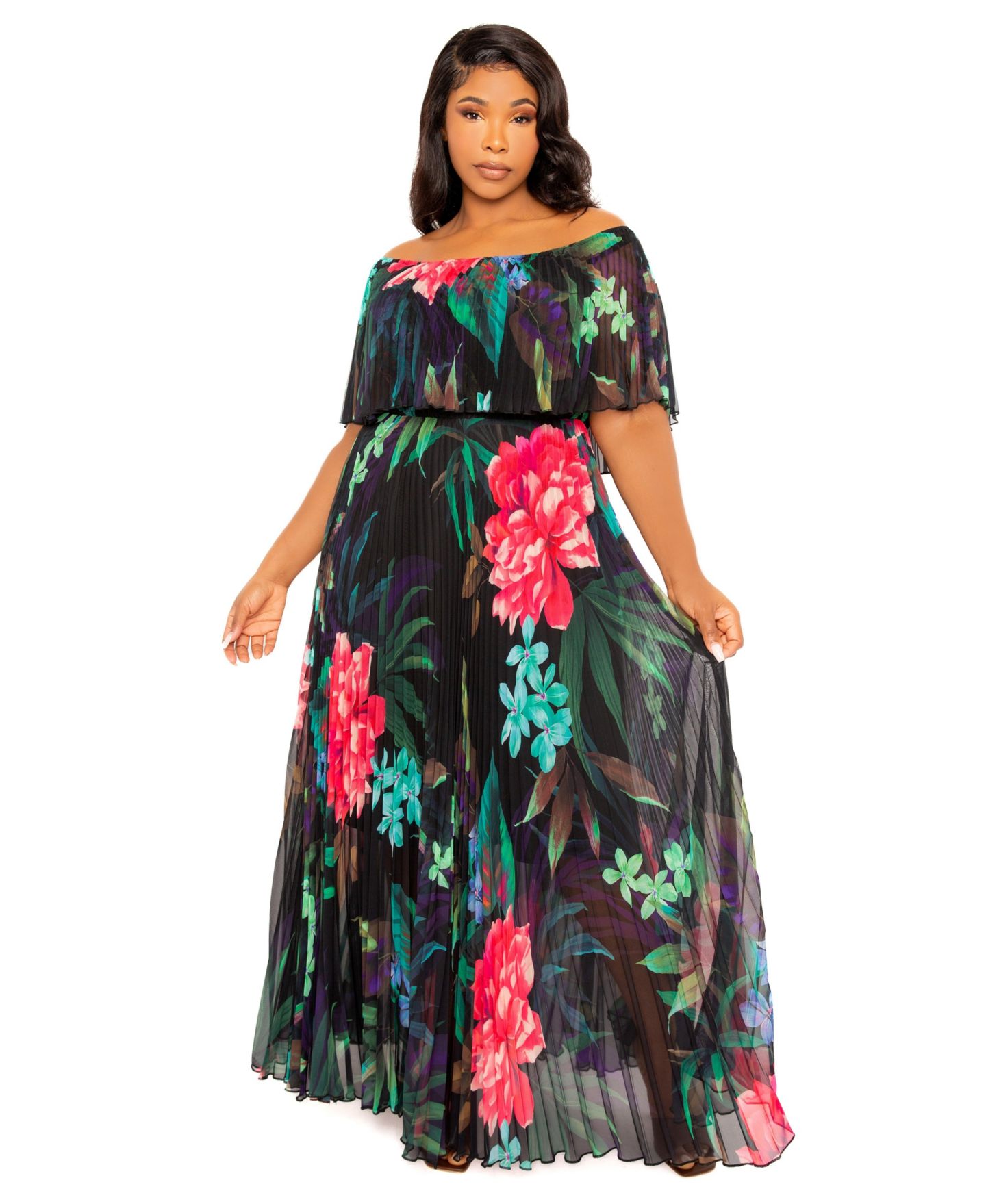 Женское платье Buxom Couture Plus Size Ombre Off Shoulder Pleated Maxi, цвет: Чёрный разноцветный — фото 1
