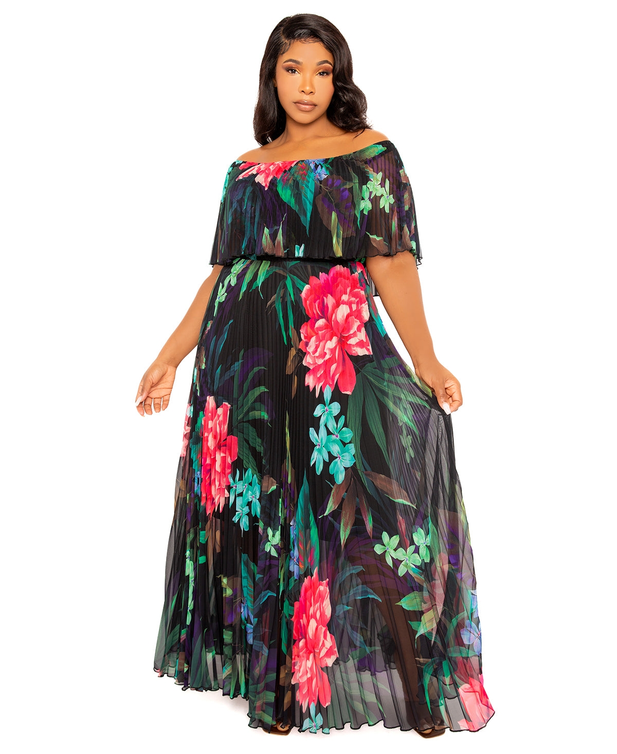 Plus Size Floral Off Shoulder Pleated Maxi Dress - Black multi