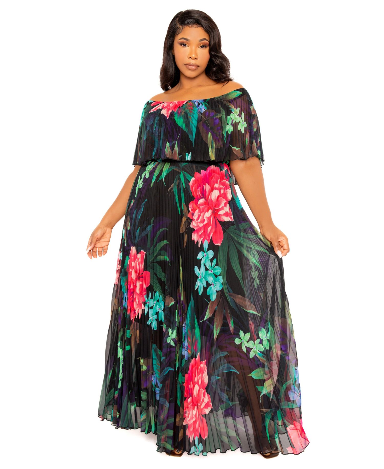 Plus Size Ombre Off Shoulder Pleated Maxi Dress