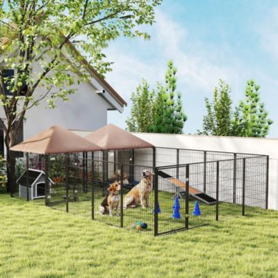 Dog Kennel Outdoor with Rotating & Adjustable Height Bowls, 2 Rooms