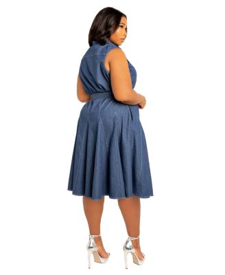 Plus Size Sleeveless Denim Shirtdress with Contrasting Stitching
