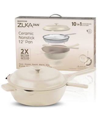 Zuka Everyday Pan 4.25 Qt. Ceramic 10 in 1 Nonstick Multi-Functional Saute Pan with Lid, Nylon Spoon, & Steamer Basket