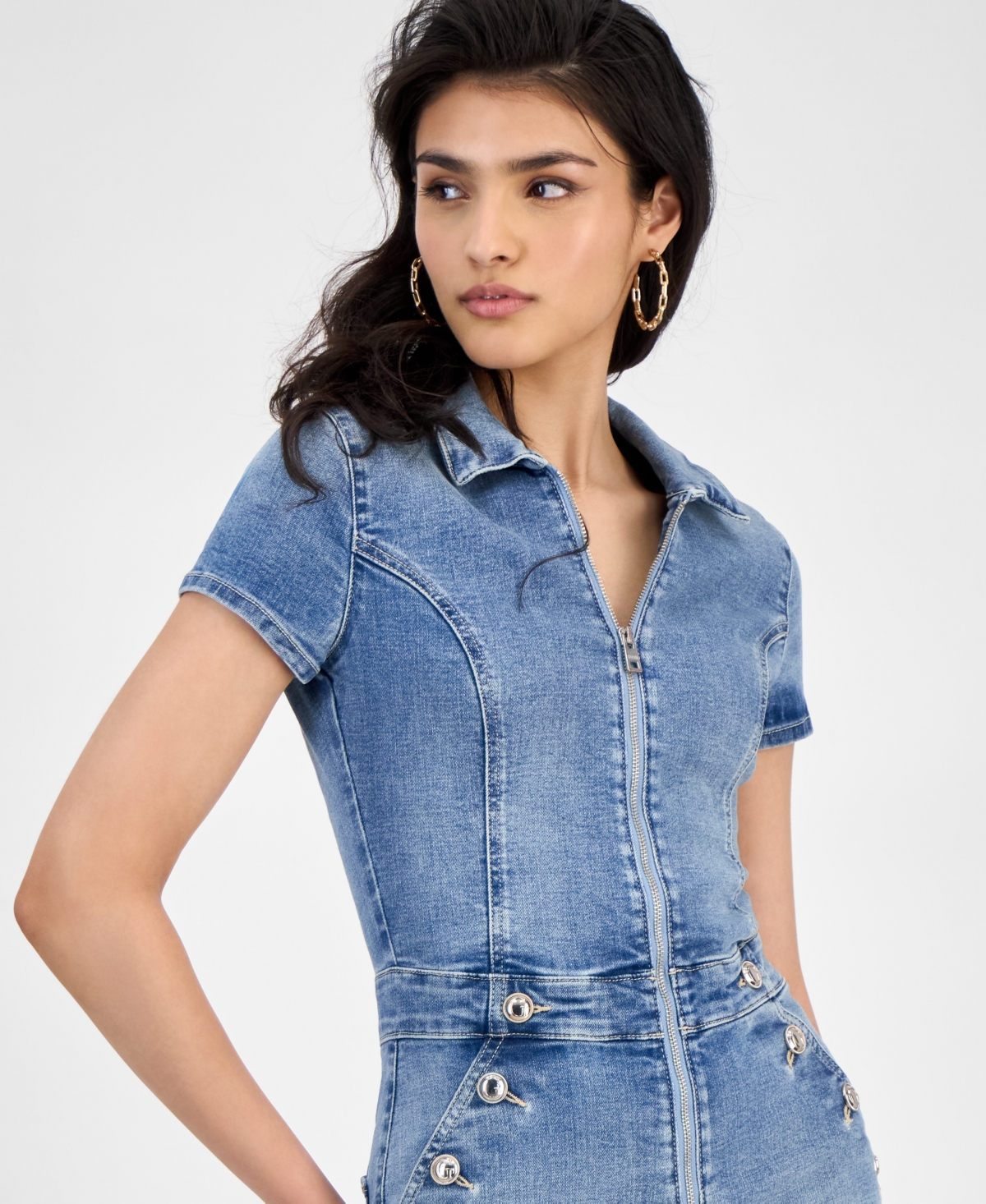 Guess Women's Janae Collared Zip-front Denim Romper
