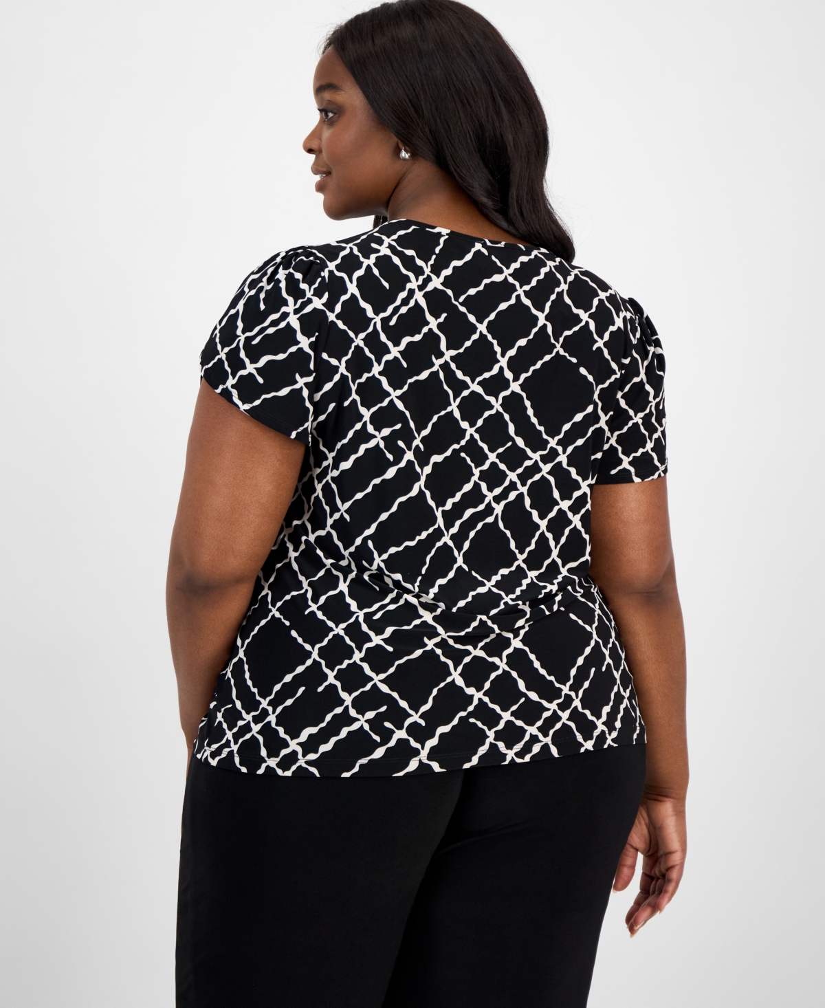 AK ANNE KLEIN PLUS SIZE PRINTED TULIP-SLEEVE BLOUSE 