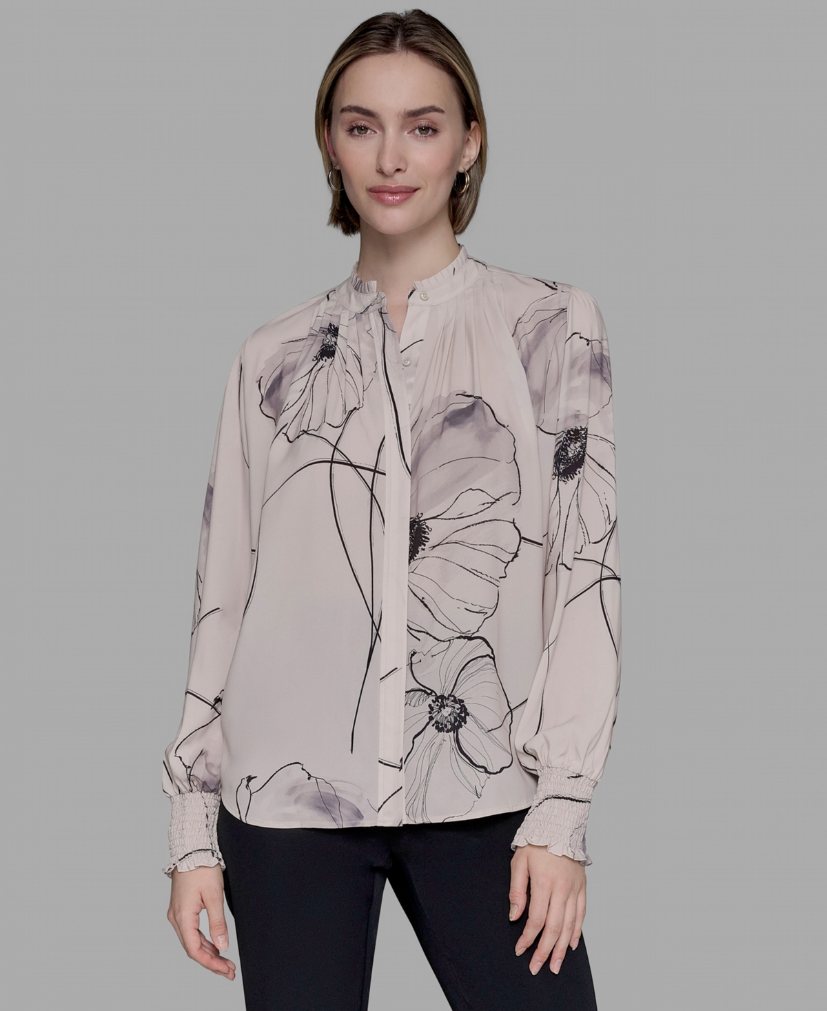 Women's Floral-Print Long-Sleeve Blouse - Truffle (Contrast Black Thread)