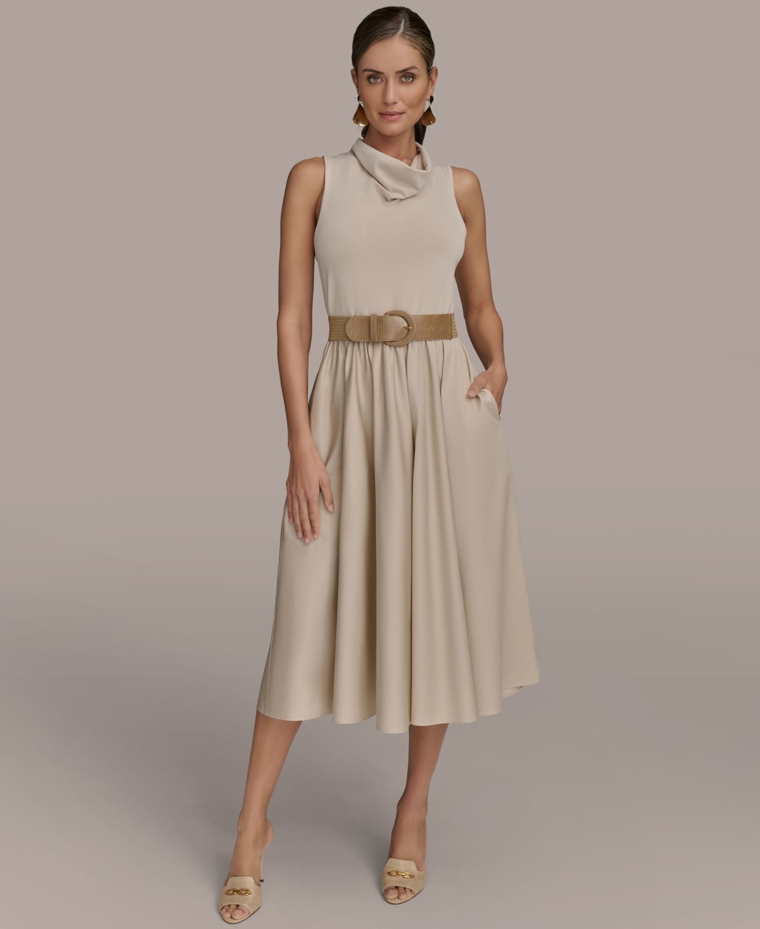 Women's Mixed-Media Belted Midi Dress