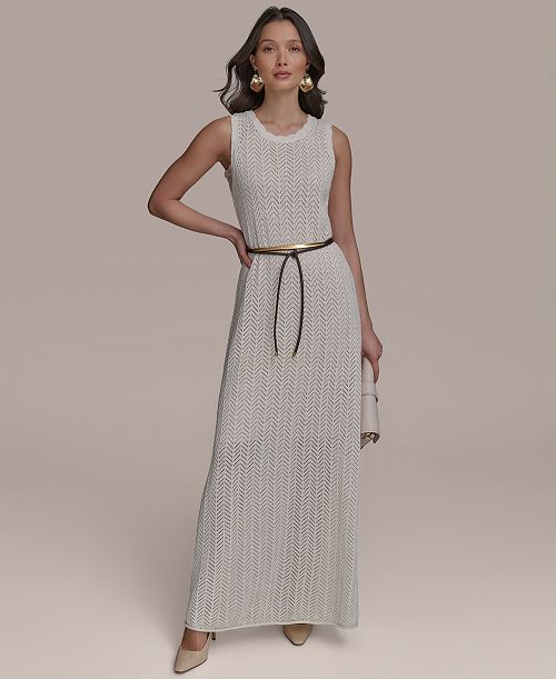 alfani Donna Karan New York Women's Pointelle Knit Belted Dress Women's Fashion Shoes & Accessories