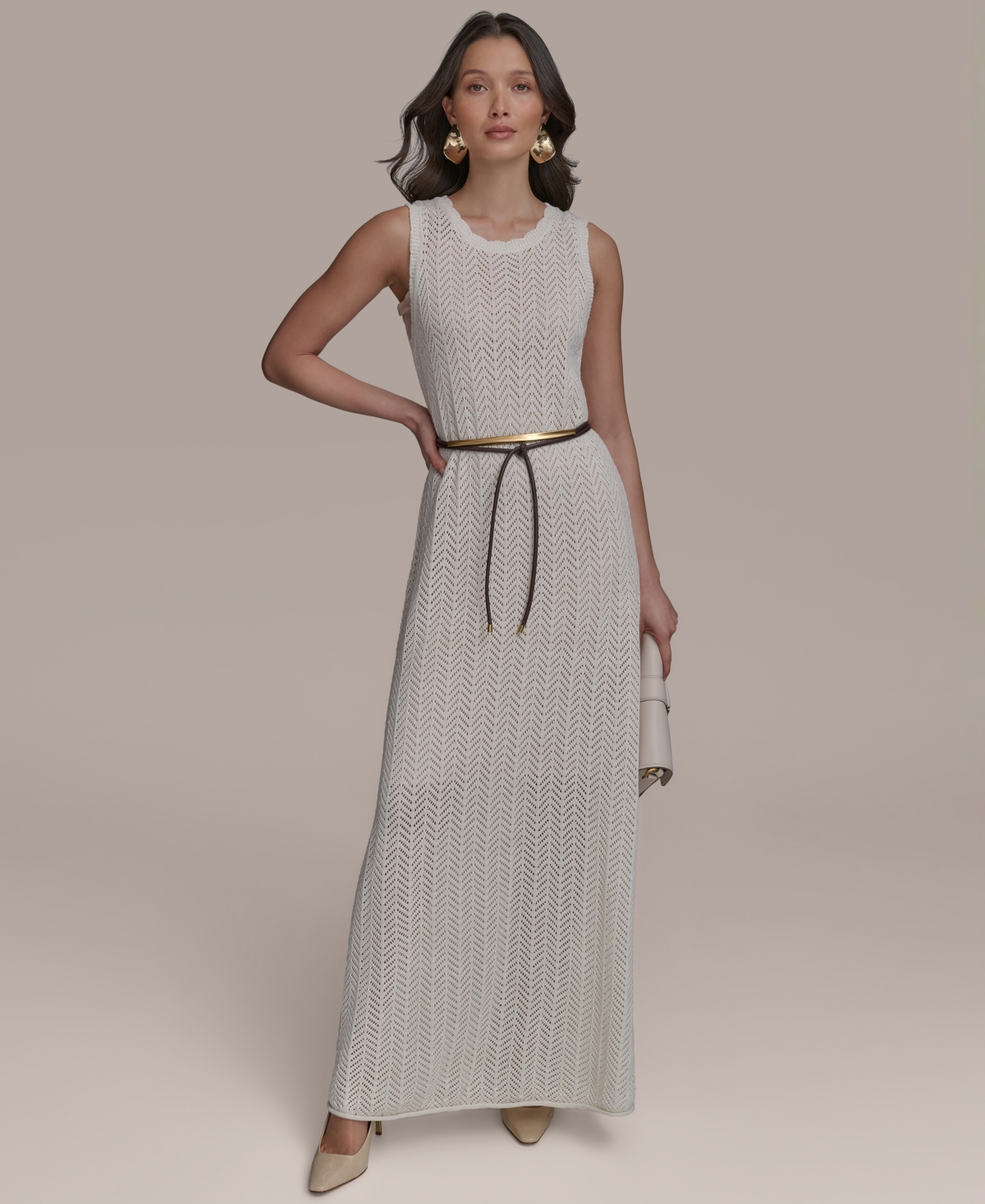 Women's Pointelle Knit Belted Dress - Cream Gold