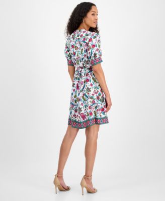 Women's Printed Tie-Neck Short-Puff-Sleeve Dresss