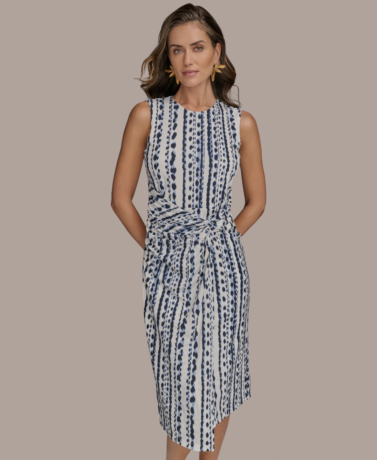 Donna Karan New York Abstract Print Gathered Sheath Dress In Gray