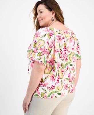 Plus Size Printed Tie Split Neck Top, Exclusively at Macy's