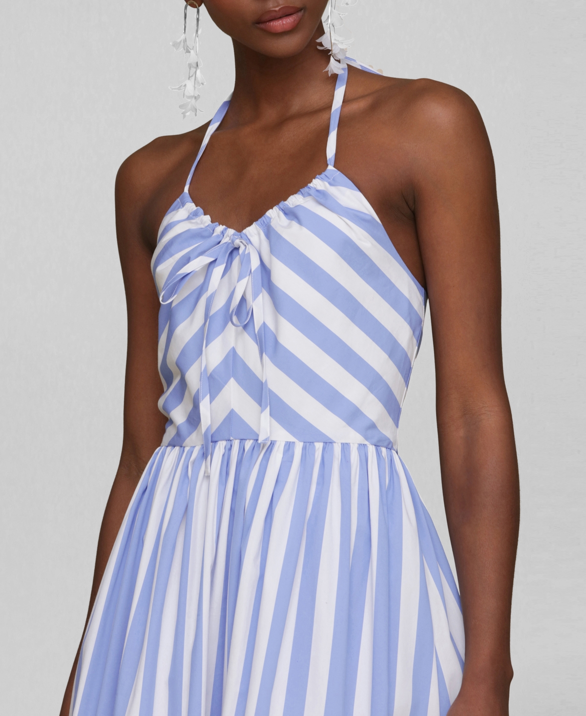 Avec Les Filles Stripe Halter Neck Cotton Blend Midi Dress In Blue