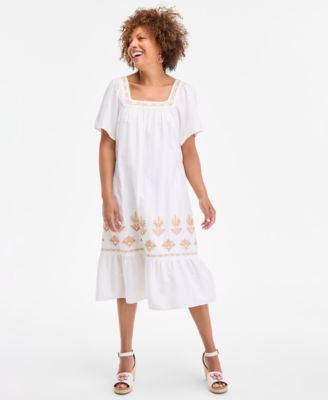 Style & Co - Women's Cotton Embroidered-Trim Flounce Midi Dress
