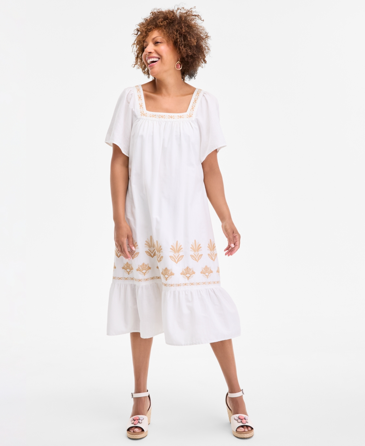 Style & Co Women's Cotton Gauze Embroidered-trim Square-neck Midi Dress, Exclusively At Macy's