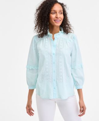 Style & Co Women's Cotton Eyelet-Front 3/4-Puff Sleeve