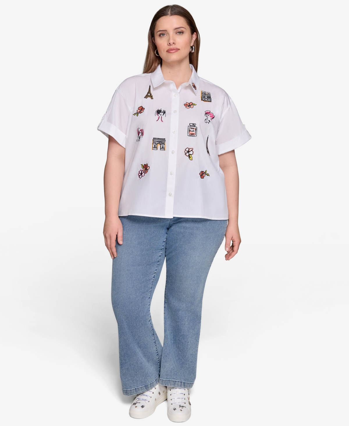 Karl Lagerfeld Petite Cotton Embroidered Short-sleeve Shirt
