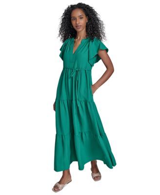 Women's Split-Neck Tiered Maxi Dress