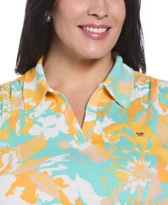 Plus Size Floral Print Ribbed Sleeveless Polo T-Shirt
