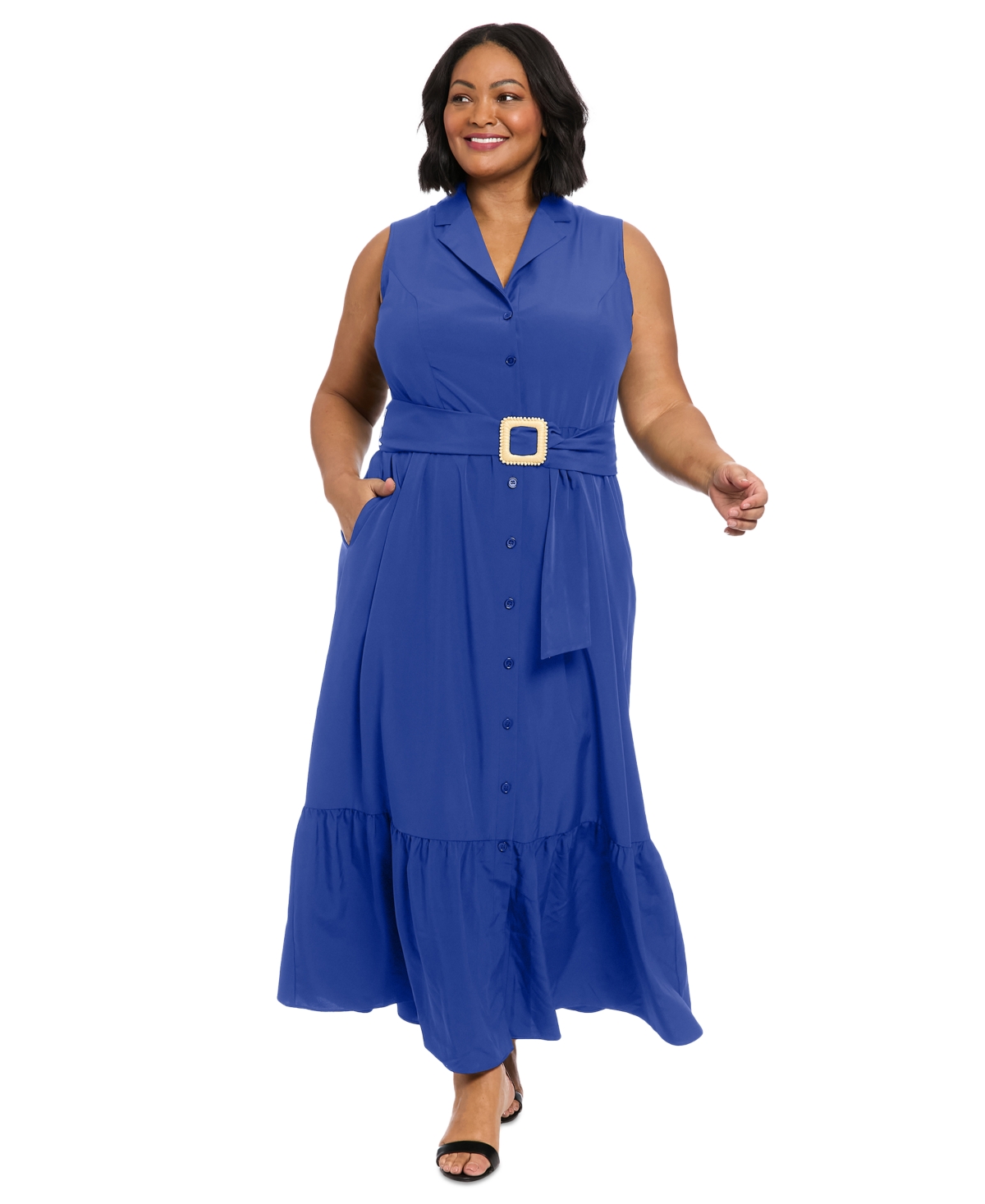 London Times Plus Size Notched Collar Belted Maxi Shirtdress