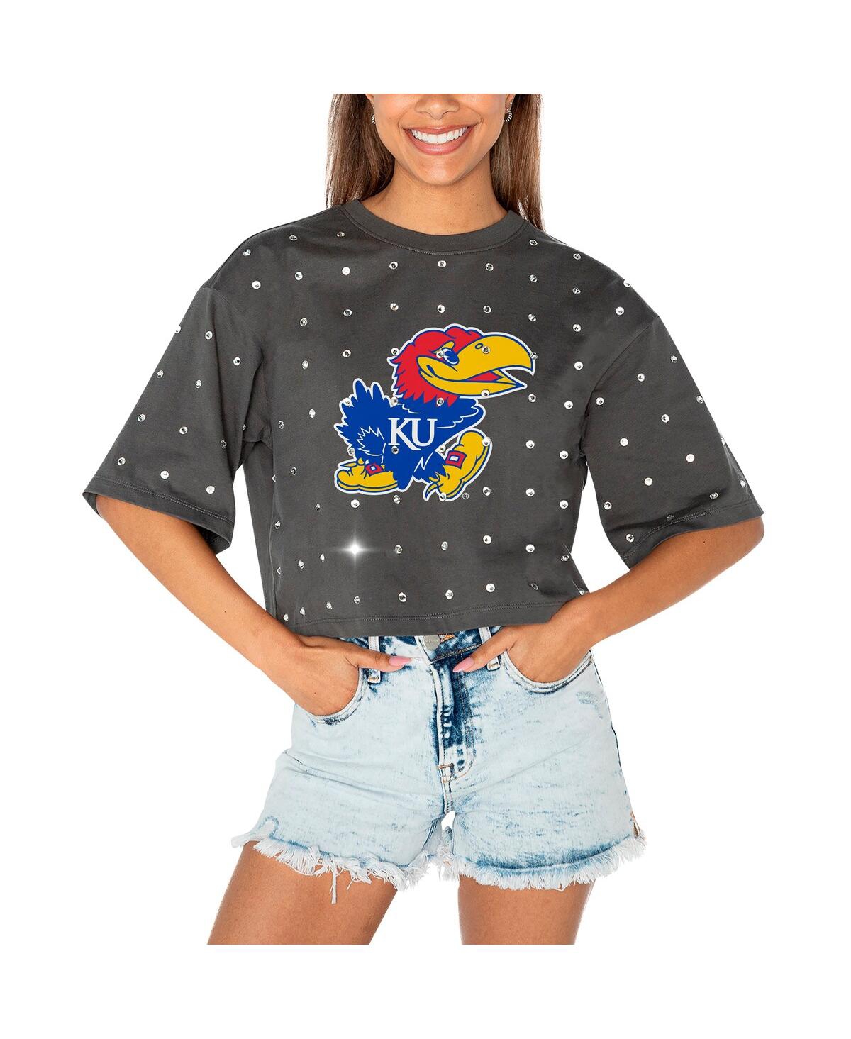 Women's Gray Kansas Jayhawks Go Time Rhinestone Crop T-Shirt - Gray