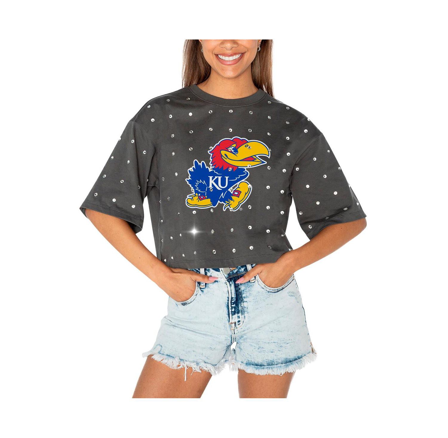Women's Gray Kansas Jayhawks Go Time Rhinestone Crop T-Shirt